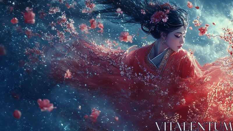 Elegant woman in red hanfu surrounded by drifting blossoms.