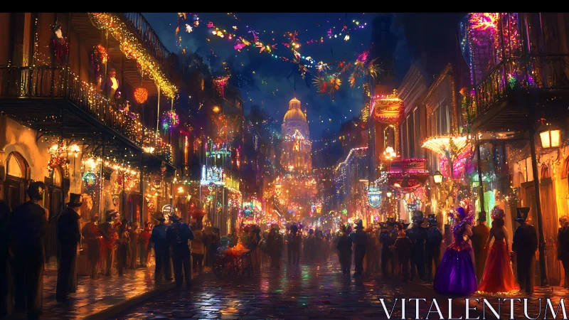 Nighttime street parade with illuminated historic buildings.