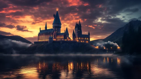 Castle complex is illuminated against a dense sunset sky