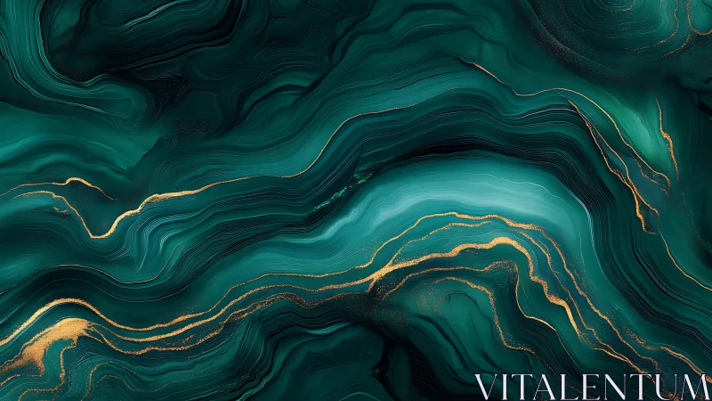 Emerald fluid marble waves flow with luminous golden veins