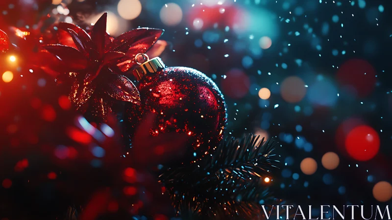 Red ornament and foliage hang on tree with snow and bokeh