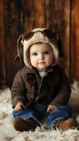 Toddler in Aviator Costume With Goggles and Leather Jacket