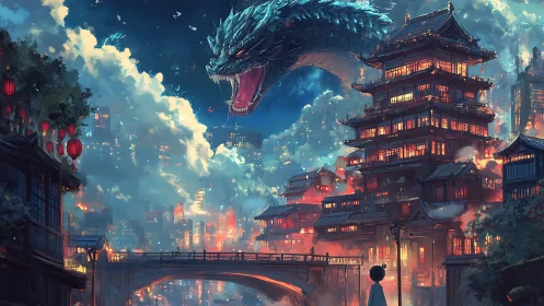 Sky-serpent over lantern city, roaring through painted night.
