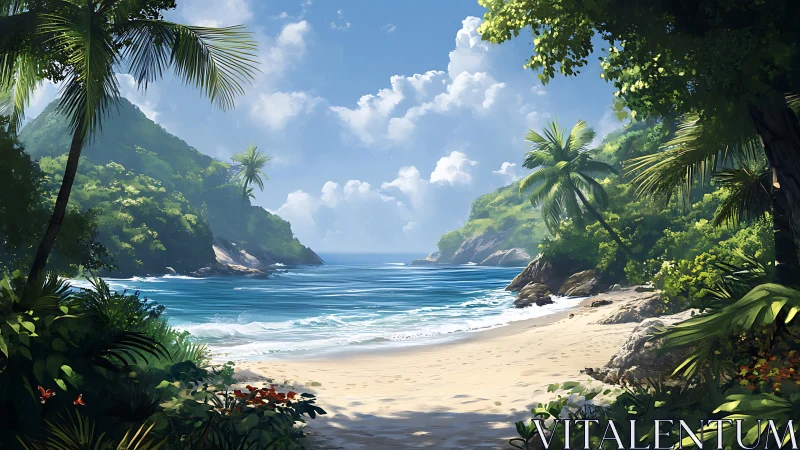 Tropical Cove Surrounded by Lush Vegetation and Rugged Cliffs.