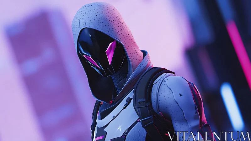 Mysterious cyber hooded hero stands in glowing neon light