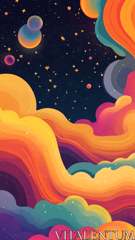 Glowing rainbow clouds drift softly through a dreamy galaxy