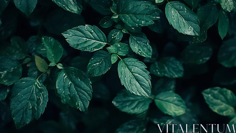 Close-up foliage with dark green leaves and water droplets.