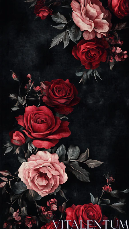 Red Roses and Pink Blossoms on Dark Canvas.