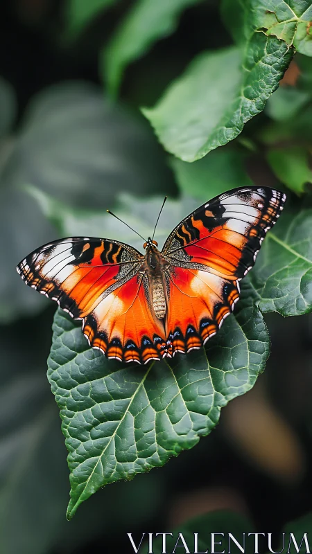 Photorealistic macro of orange butterfly on veined foliage.