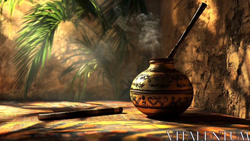 Clay pot with smoking pipe in warm sunlit corner.