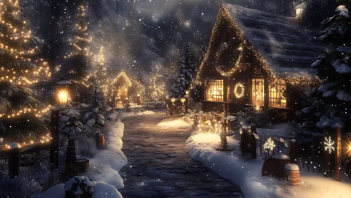 Snowy Christmas village path glows with warm festive lights.