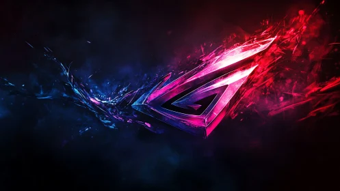 Angular neon emblem in blue and magenta particle field.