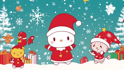 Cartoon characters in red Christmas outfits with gifts in snow.