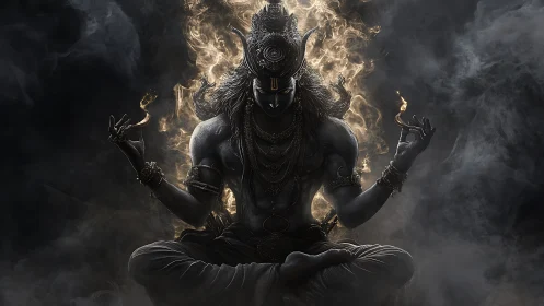 Ember-crowned deity meditating in swirling cosmic smoke.
