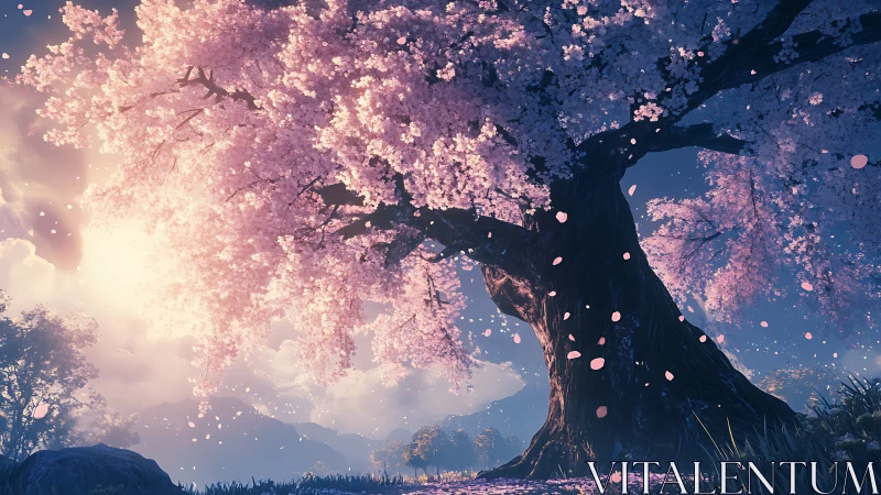 Majestic cherry blossom tree under glowing backlit sunset.