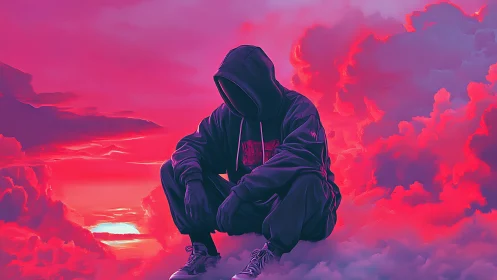 Hooded figure crouches against neon pink and purple clouds