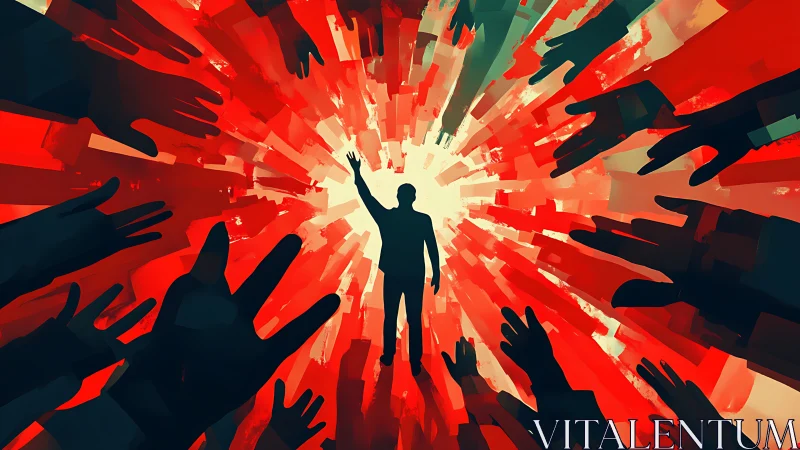 Silhouette in the spotlight surrounded by reaching hands.