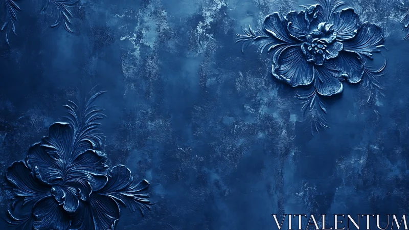 Monochrome blue relief flowers on textured background.