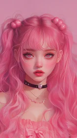 Cotton candy pink girl with dreamy eyes and soft waves.