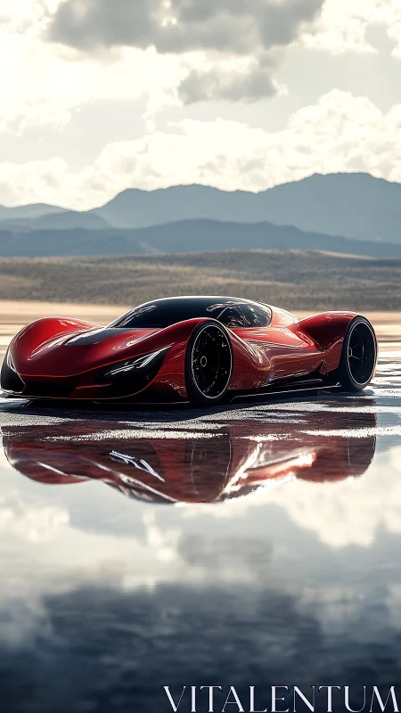 Sleek red concept supercar gliding across mirror still water.