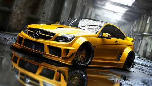 Golden custom sports coupe glows with power in a wet alley