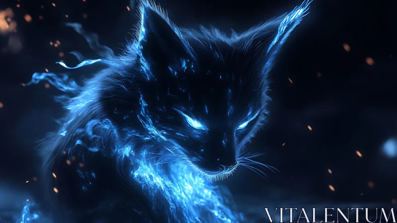 Glowing blue spectral fox with intense eyes in darkness.