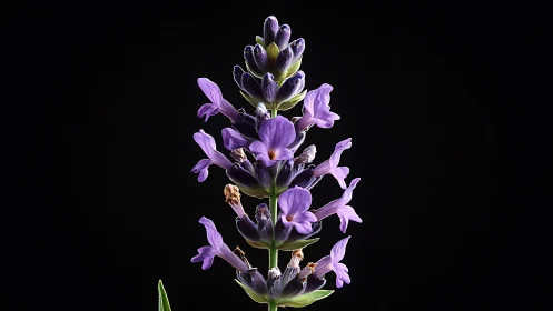 Purple Lupine Flower Spike Against Black Background.