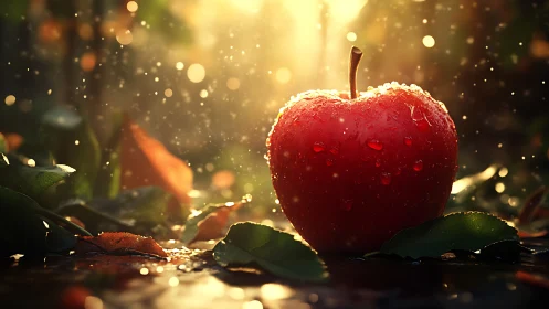 Red apple in sunlit forest dew with cinematic glow.