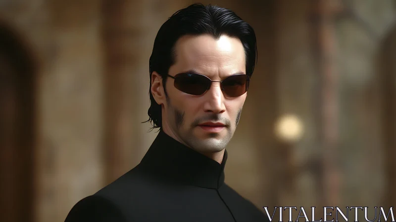 Cyber agent portrait in sleek black coat and sunglasses.