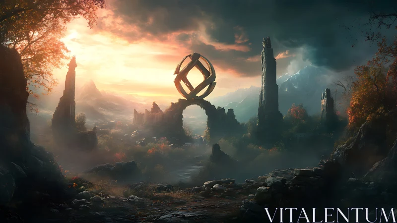 Ancient glowing gateway under a dreamy fantasy sunrise.