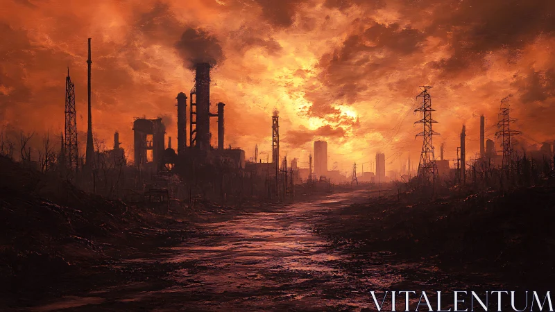 Post-apocalyptic industrial wasteland under burning sky.