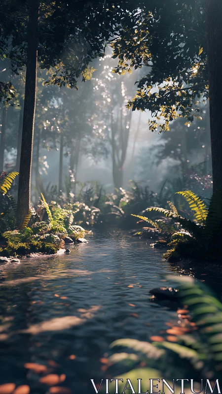 Forest Stream with Golden Light Through Misty Canopy