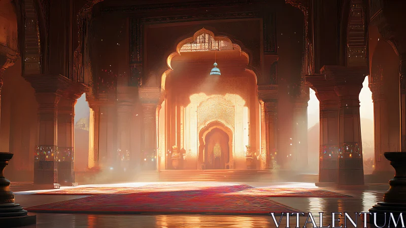 Sunlit interior shows ornate arches and patterned floor covering