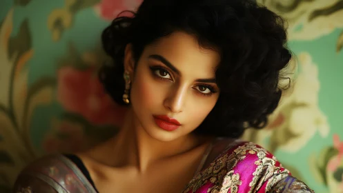 Portrait of woman in embroidered sari before floral wall.