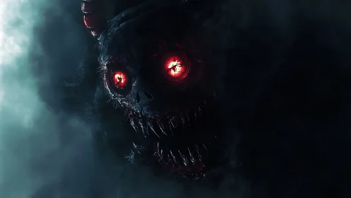 Horned skeletal entity with red luminescent eyes in shadowed mist.