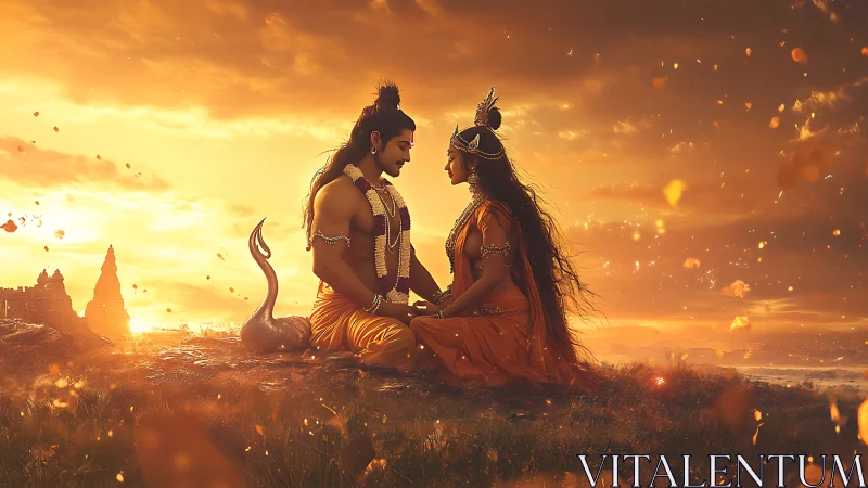 Divine couple in golden-hour landscape rendered as epic digital tableau