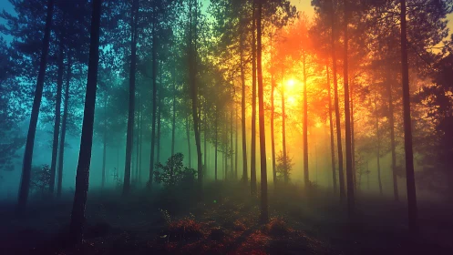 Mystical Forest Dawn: Trees Silhouetted Against Golden Light.