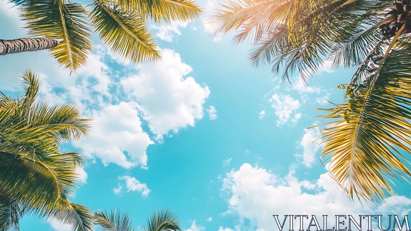 Tropical palm canopy frames bright cyan summer sky