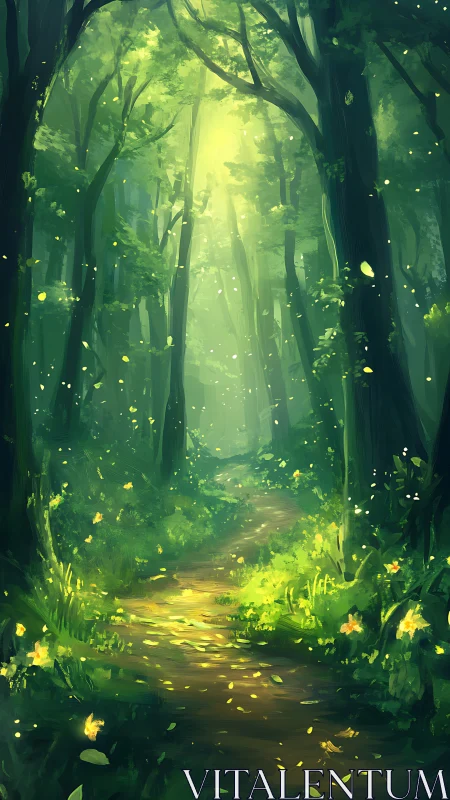 Enchanted Forest Path with Luminous Fireflies
