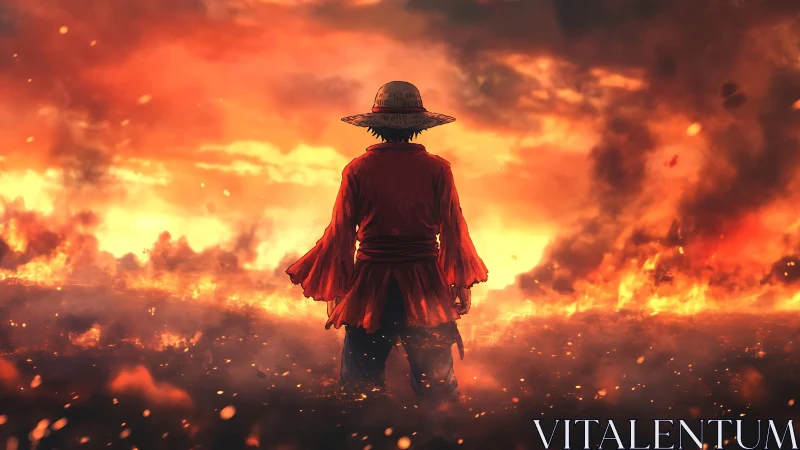 Straw hat wanderer stands before burning horizon at dusk.