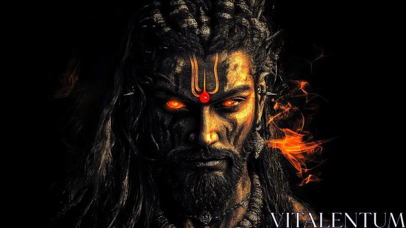 Fiery trident-marked warrior portrait with glowing ember eyes