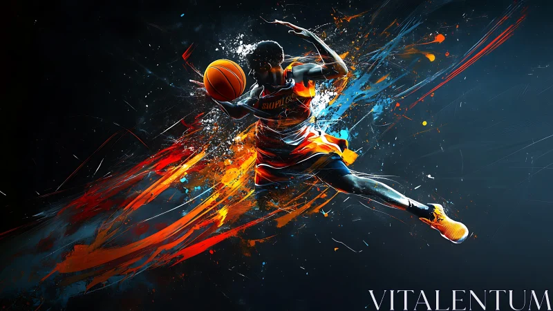 Electric basketball dunk bursting with color and motion.