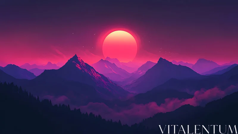 Neon sun drifting above dream-soaked violet mountainscape.
