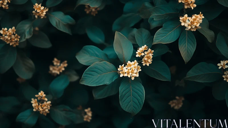 Midnight teal foliage cradling shy buttery blossoms.