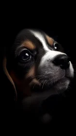 Close-up portrait of beagle puppy head on dark background.