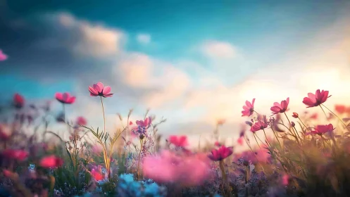 Low-angle wildflower meadow under luminous pastel evening sky