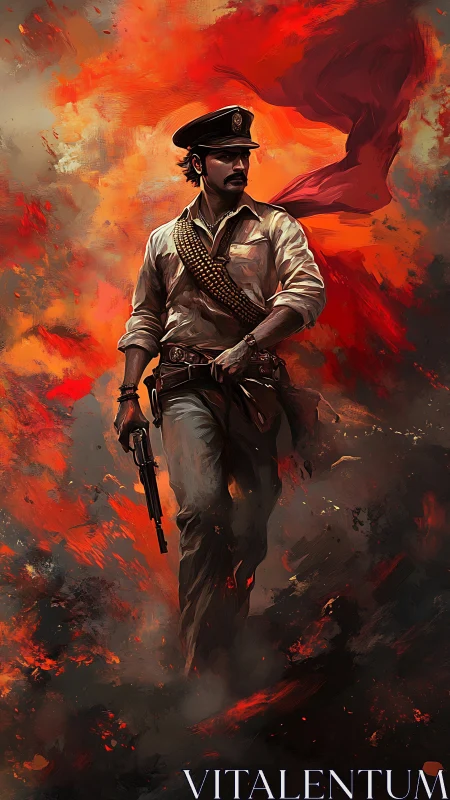 Rebel officer strides through wildfire skies of revolt.
