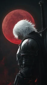 Solemn white-haired knight under a haunting crimson moon.