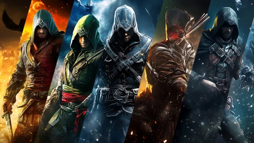 Hooded melee operatives in spectrum-sliced combat environments.