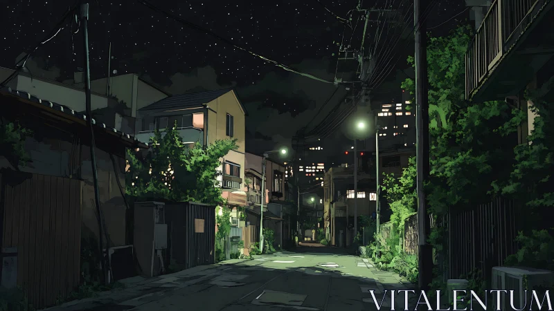 Nighttime urban alley shows dim streetlights and dense foliage